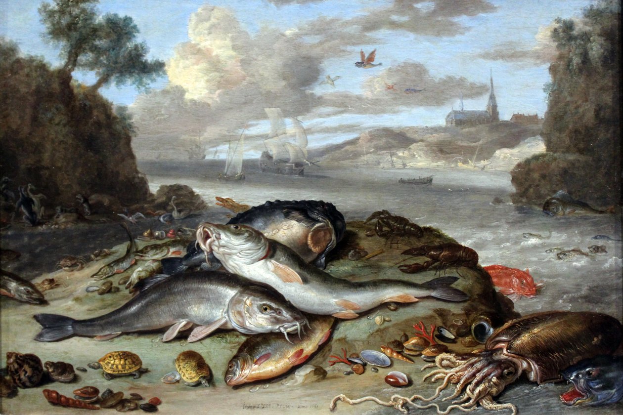 Stillleben mit Fischen und Meeresgetier in einer Küstenlandschaft von Jan van Kessel the Elder