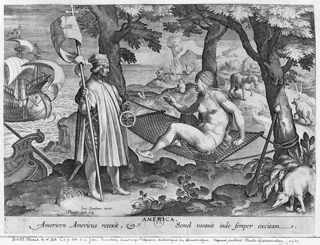 Amerigo Vespucci (1454-1512) landet in Amerika, graviert von Theodor Galle (1571-1633) von Jan van der Straet