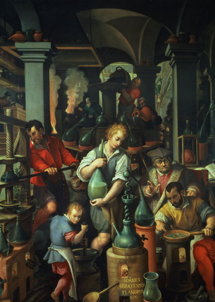 Die Werkstatt des Alchemisten, 1570 von Jan van der Straet
