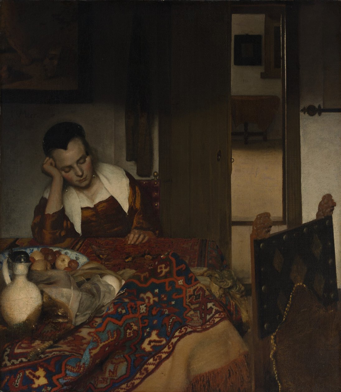 Mädchen schläft an einem Tisch von Johannes Vermeer