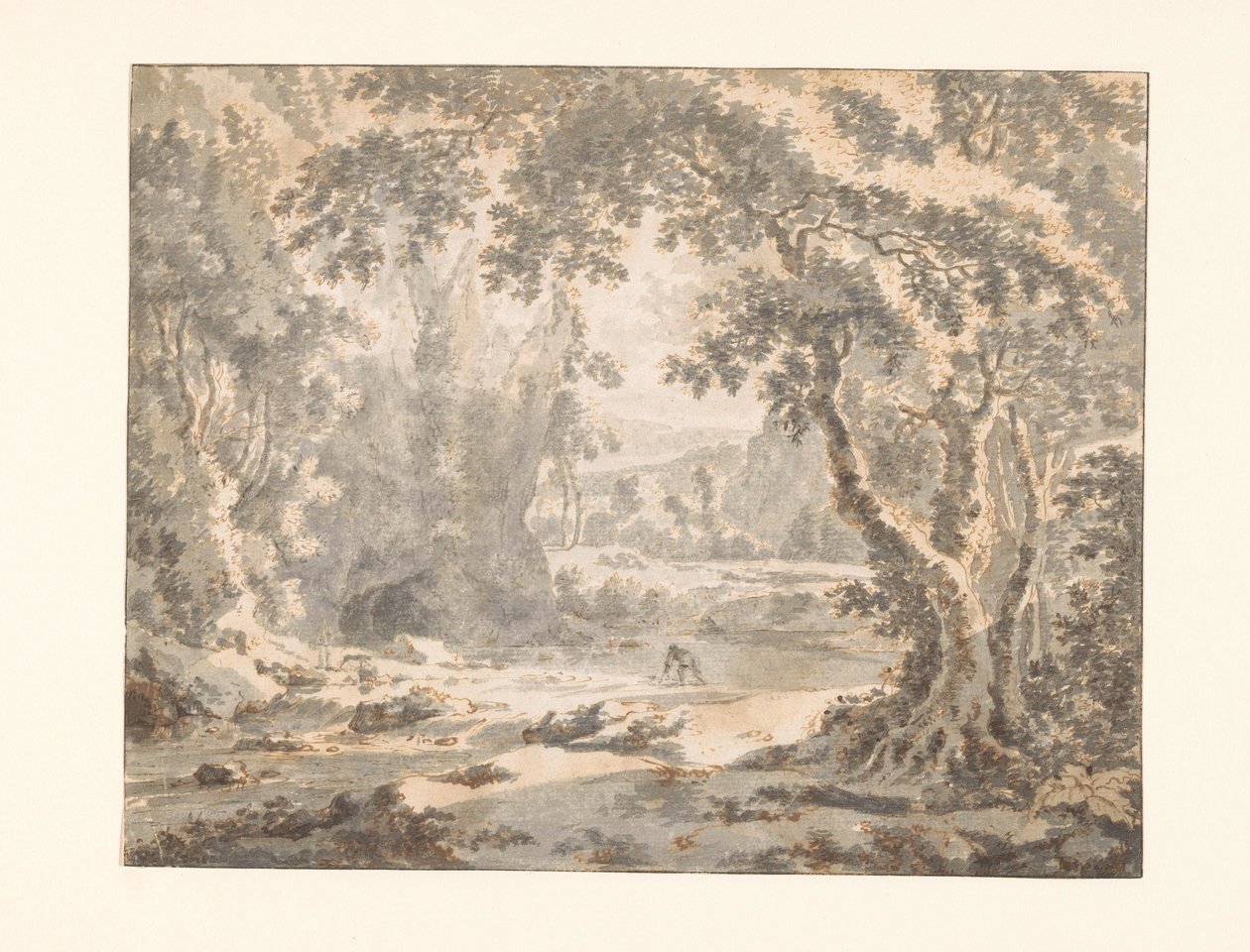 Fluss in einer bewaldeten Berglandschaft von Jan Hackaert