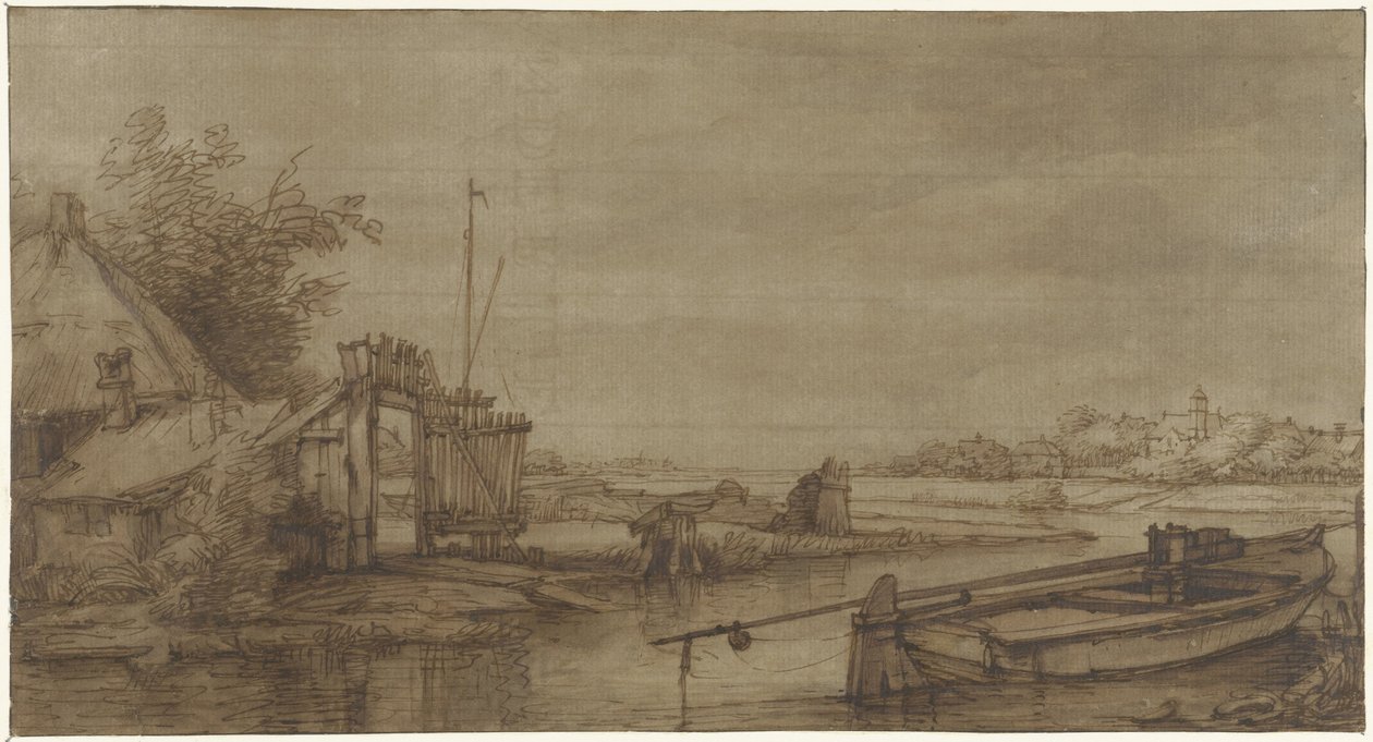 Ansicht eines Kanals mit Bauernhof und liegendem Boot von Jan Hulswit (possibly)