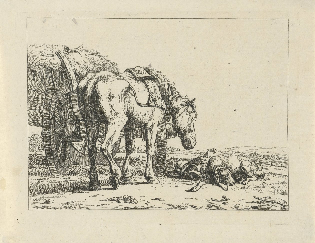 Pferd und Hund bei einem Heuwagen von Jan Kobell (II)