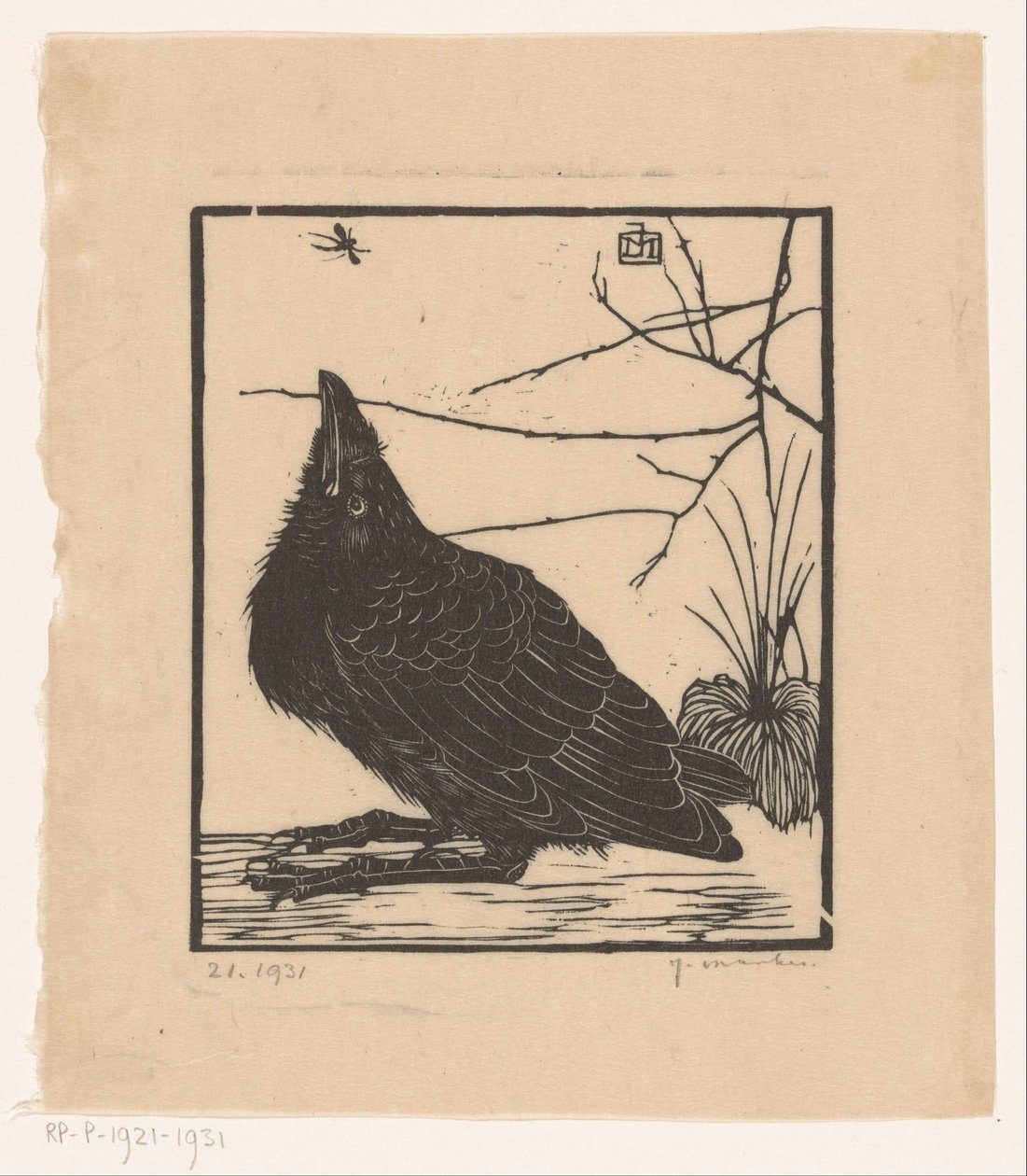 Krähe, die zu einer Mücke hochschaut von Jan Mankes (signed by artist)