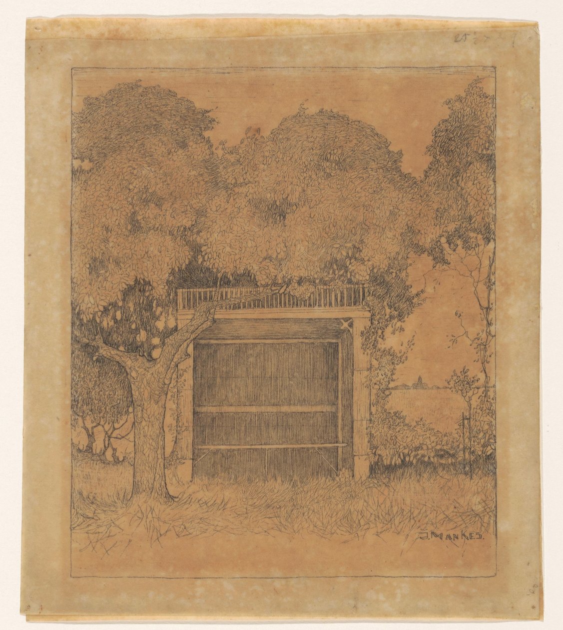 Gartenlaube unter zwei Bäumen von Jan Mankes (signed by artist)