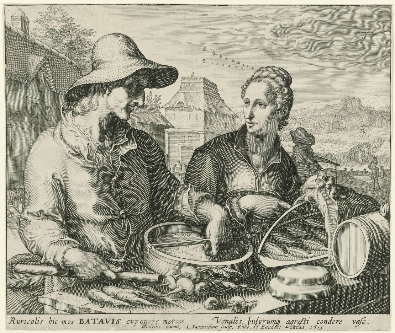 Bauer und Bäuerin bei einem Marktstand von Jan Saenredam