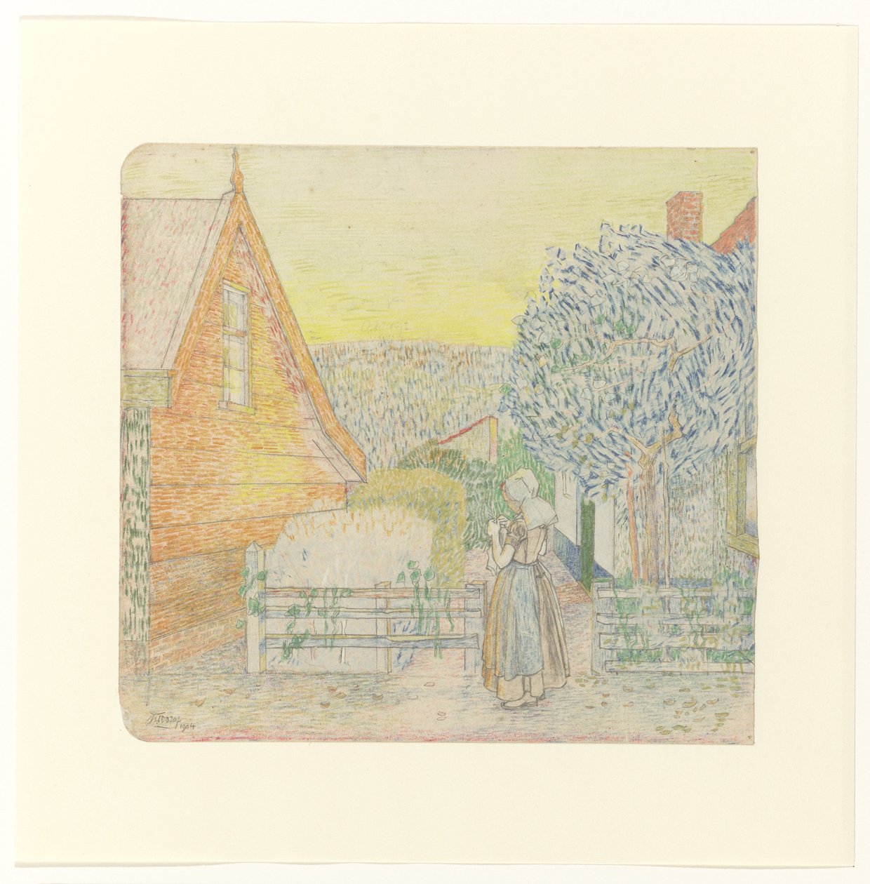 Seeländisches Mädchen, strickend auf einem Innenhof von Jan Toorop