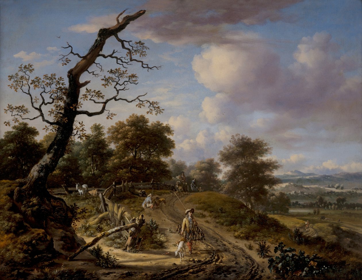 Hügelige Landschaft mit einer Falkenjagdgesellschaft von Jan Wijnants