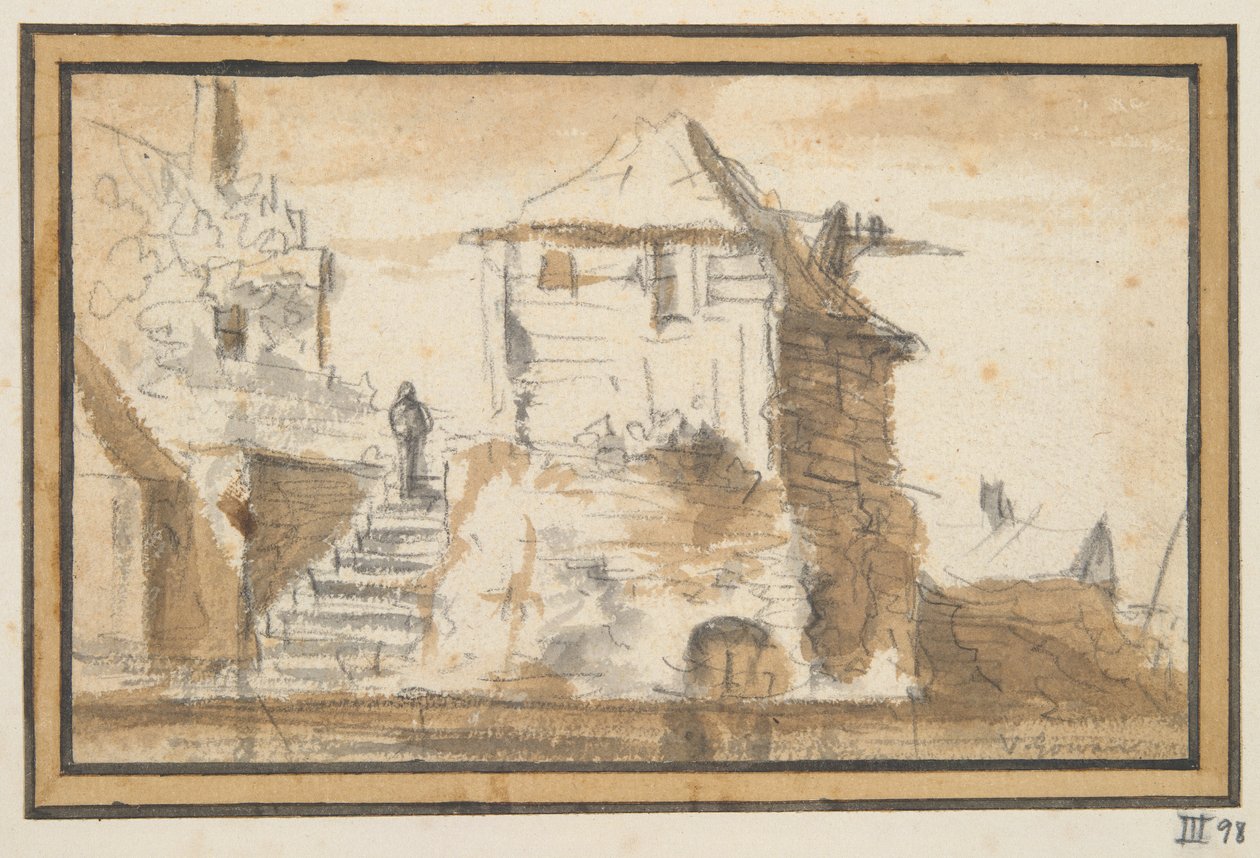 Zwei Gebäude mit einer Treppe von Jan van Goyen