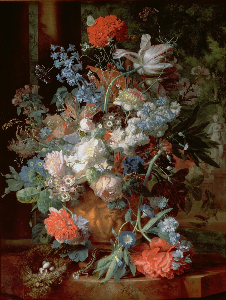 Blumenstrauß in einer Landschaft von Jan van Huysum