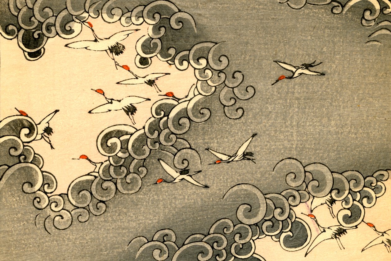 Kraniche fliegen in grauen Wolken von Japanese School