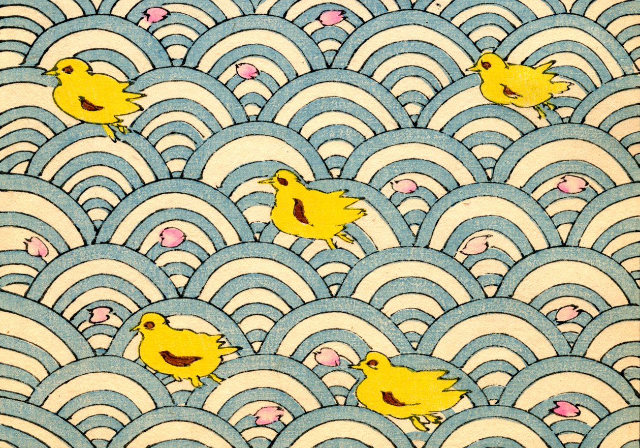Entenküken in einer stilisierten Wasserlandschaft von Japanese School