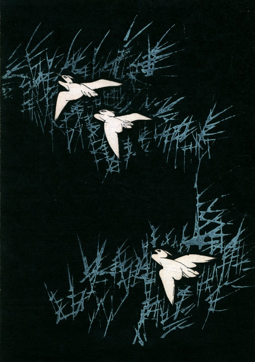 Drei Kraniche in einer schwarzen Landschaft von Japanese School