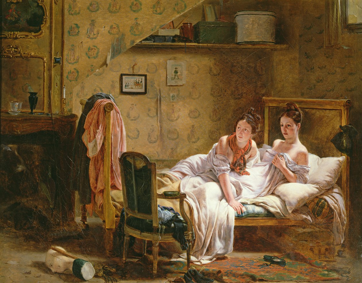 Zwei Frauen im Bett, gestört von einer Katze von Jean Alphonse Roehn