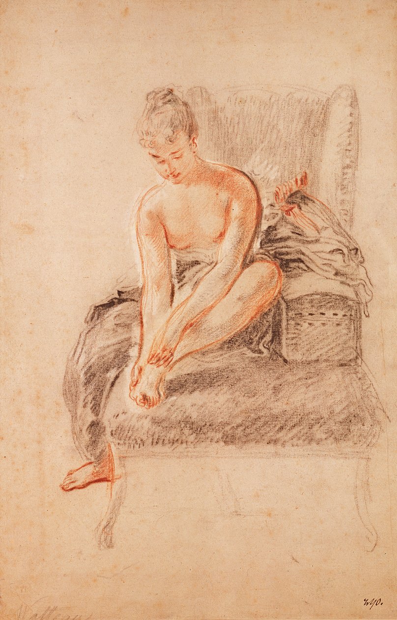 Halbnackte Frau auf einer Chaiselongue sitzend, ihren Fuß haltend von Jean Antoine Watteau