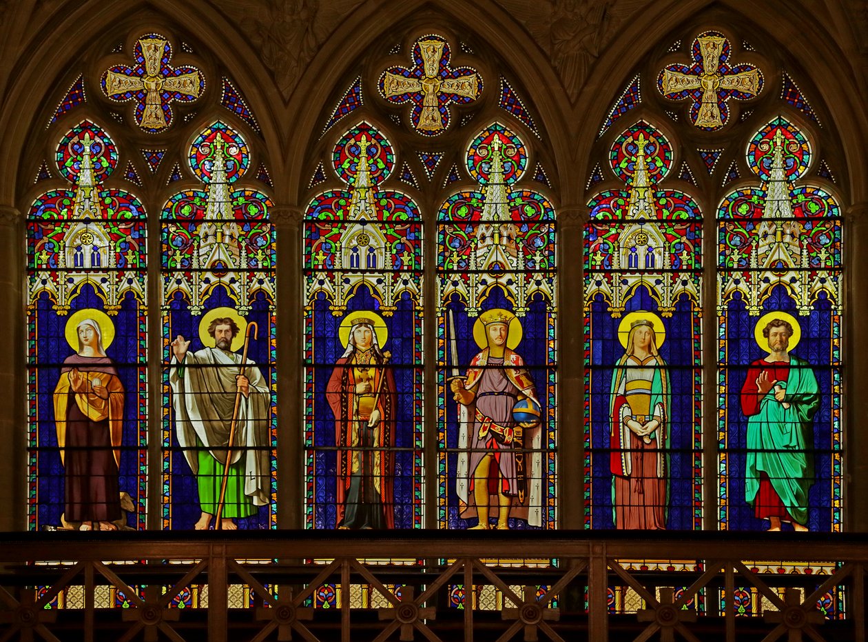 Fenster mit sechs Figuren von Ingres und architektonischer Umrahmung von Viollet le Duc von Jean Auguste Dominique Ingres