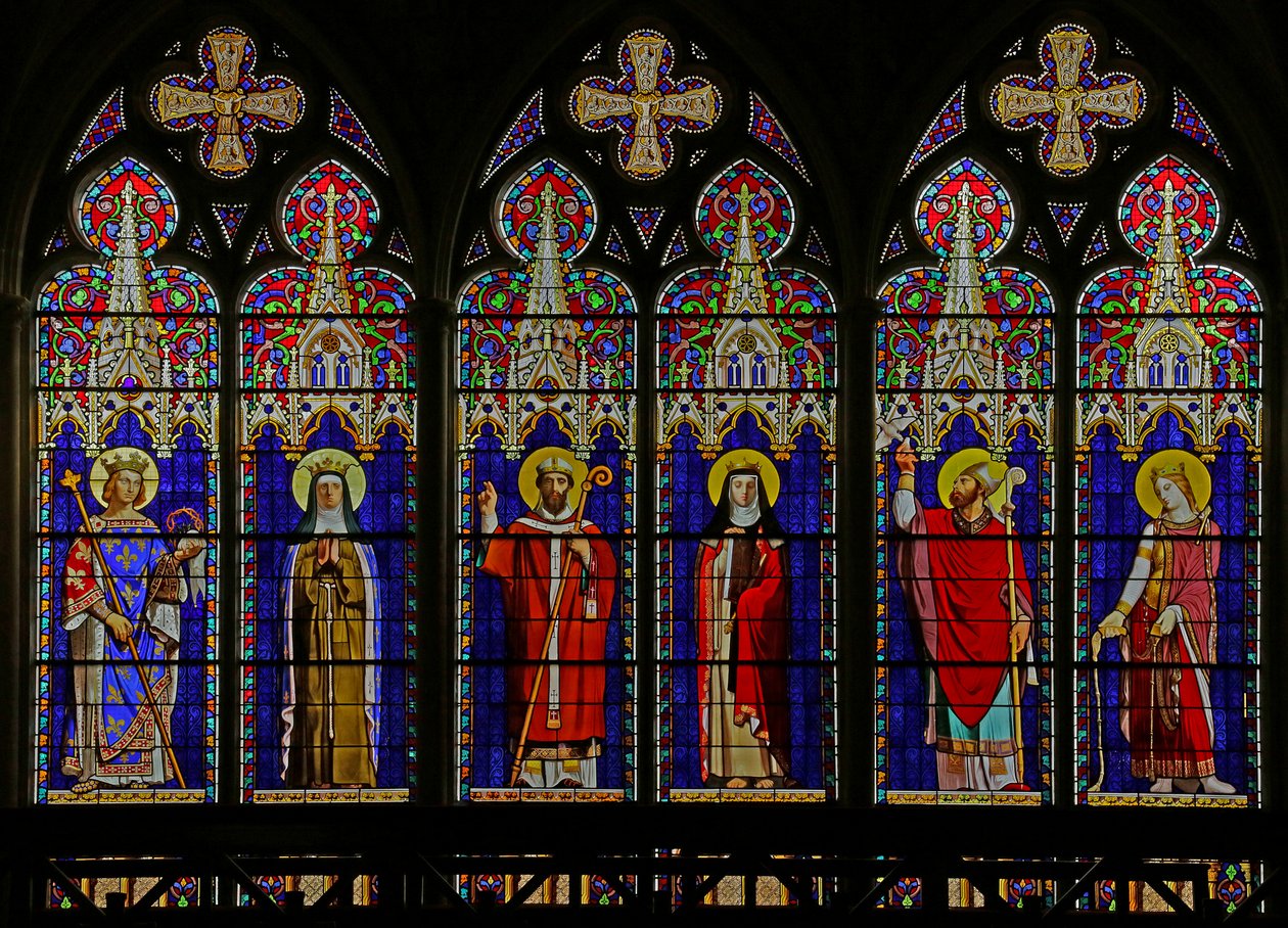 Fenster mit sechs Figuren von Ingres mit architektonischer Umrahmung von Viollet le Duc von Jean Auguste Dominique Ingres