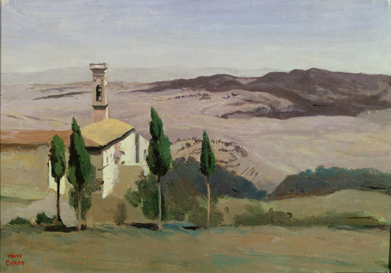 Volterra, Kirche und Glockenturm, 1834 von Jean Baptiste Camille Corot