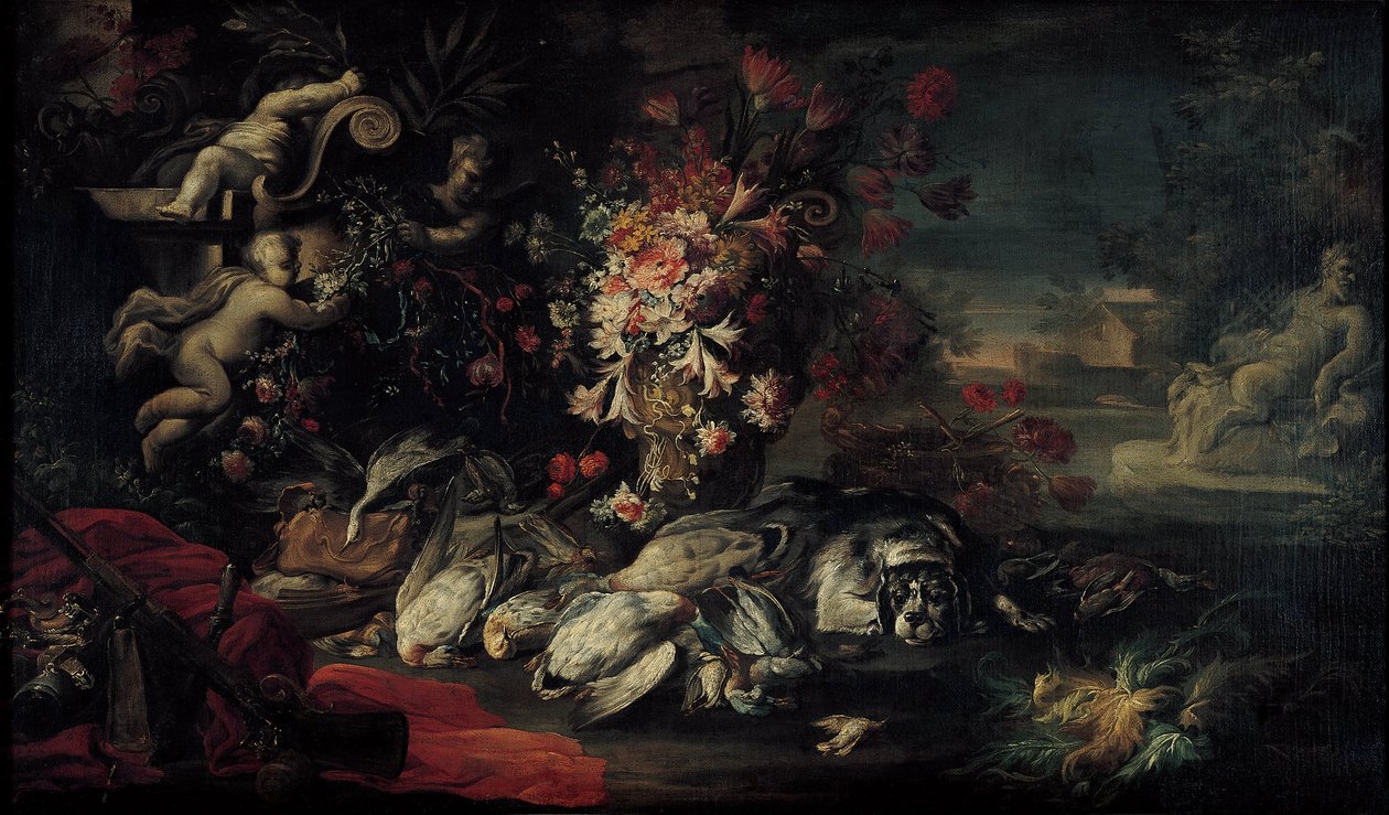 Stillleben mit Jagdausrüstung und Blumen II von Jean Baptiste Oudry