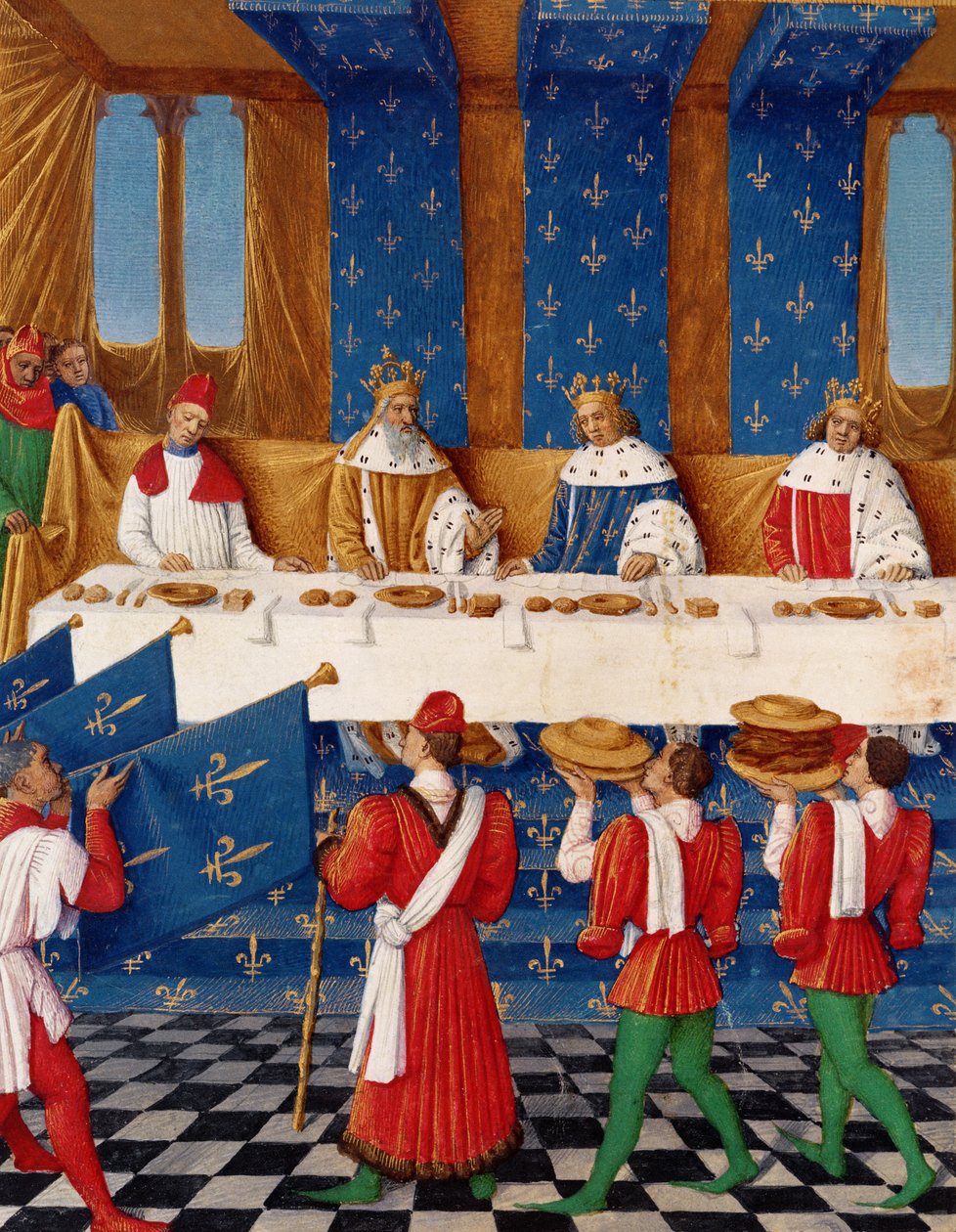 Ms 6465 fol.444v Bankett gegeben von Karl V. (1338-80) zu Ehren seines Onkels Kaiser Karl IV. (1316-78) im Jahr 1378, aus den Grandes Chroniques de France von Jean Fouquet
