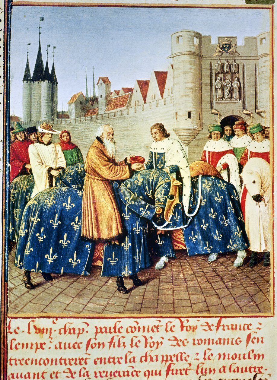 Ms Fr 6465 fol.444 Karl V. (1338-80) empfängt Kaiser Karl IV. (1316-78) am Porte du Temple in Paris, Januar 1378, aus 