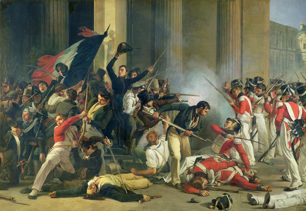 Szene der Revolution von 1830 im Louvre von Jean Louis Bezard