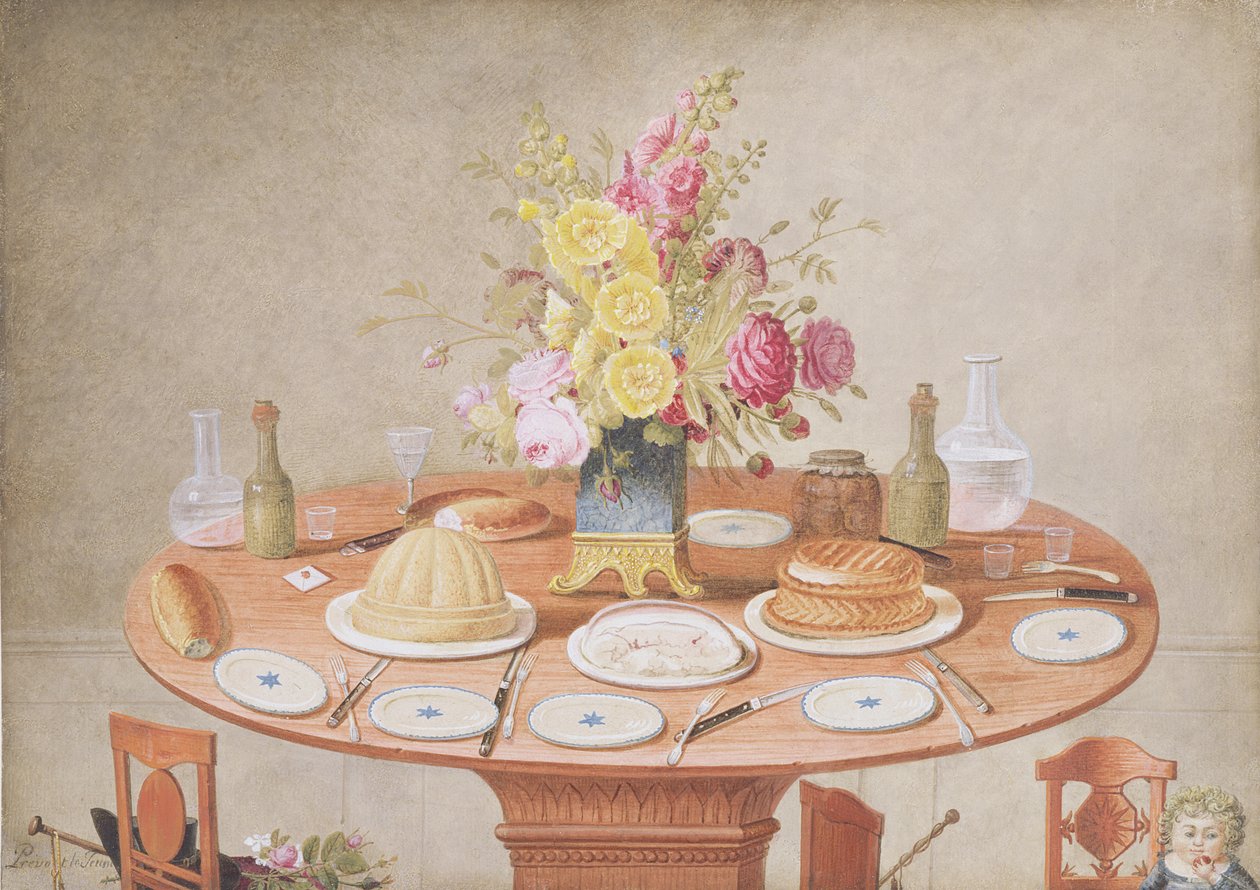 Stillleben mit einer Vase Blumen auf einem für eine Mahlzeit gedeckten Tisch, ca. 1810 von Jean Louis Prevost