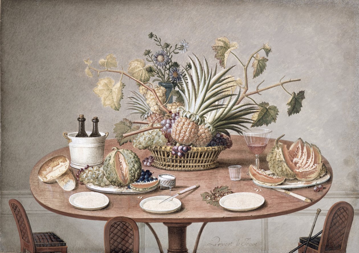 Stillleben eines Tisches mit Blumen und Früchten, ca. 1810 von Jean Louis Prevost
