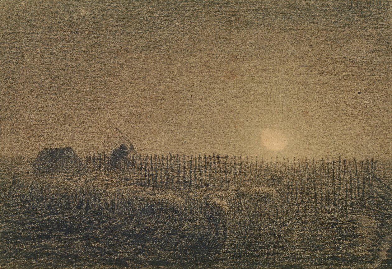 Der Hirte bei der Herde im Mondlicht von Jean Francois Millet