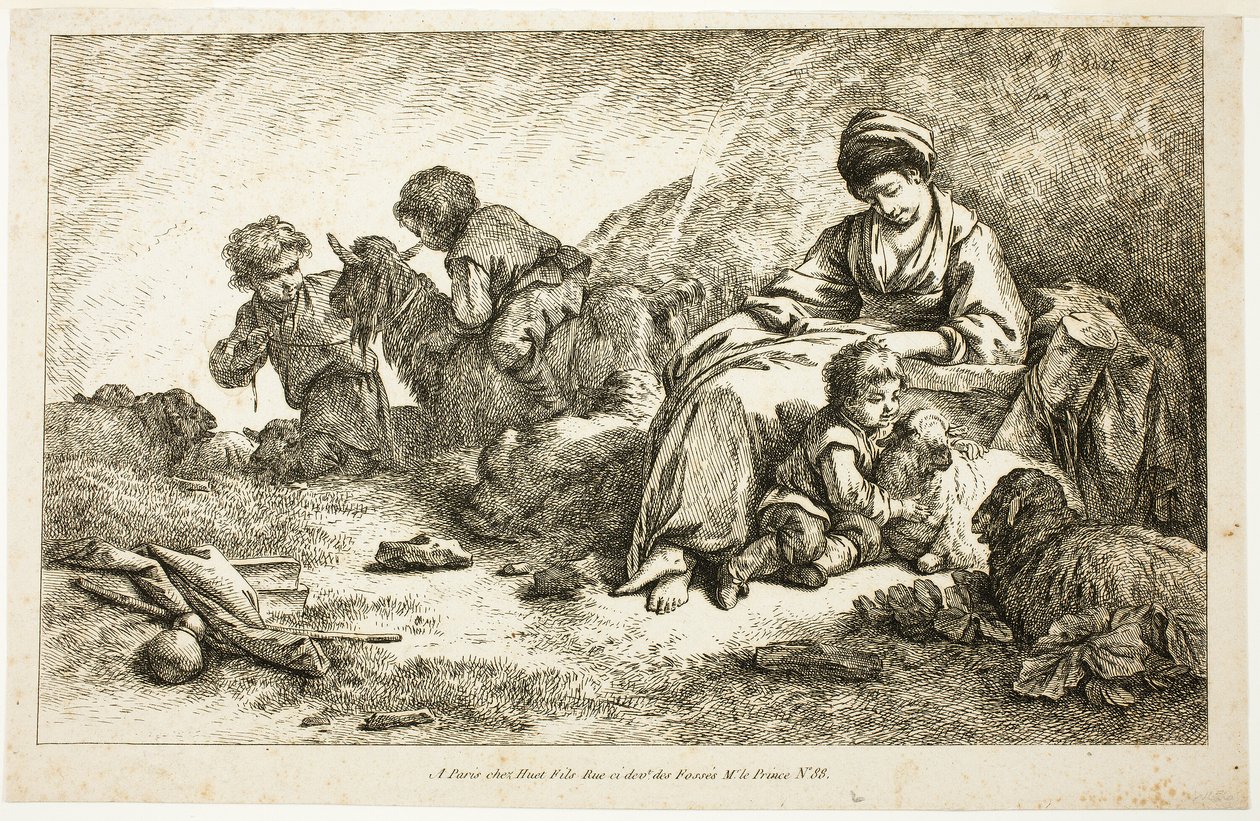 Mutter und Kinder mit Schafen von Jean Baptiste Huet