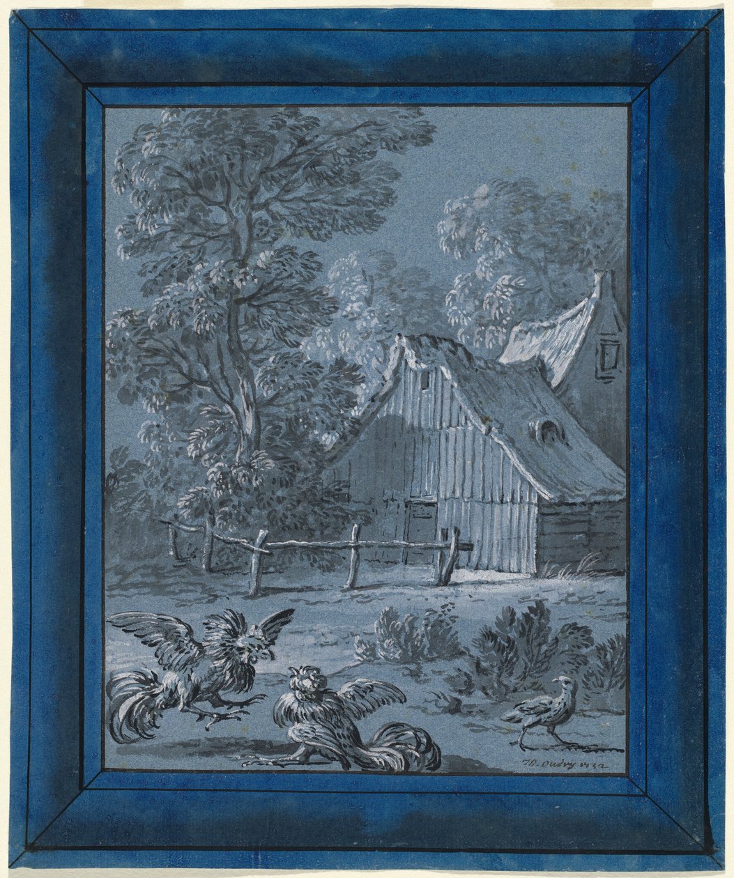 Das Rebhuhn und die Hähne von Jean Baptiste Oudry