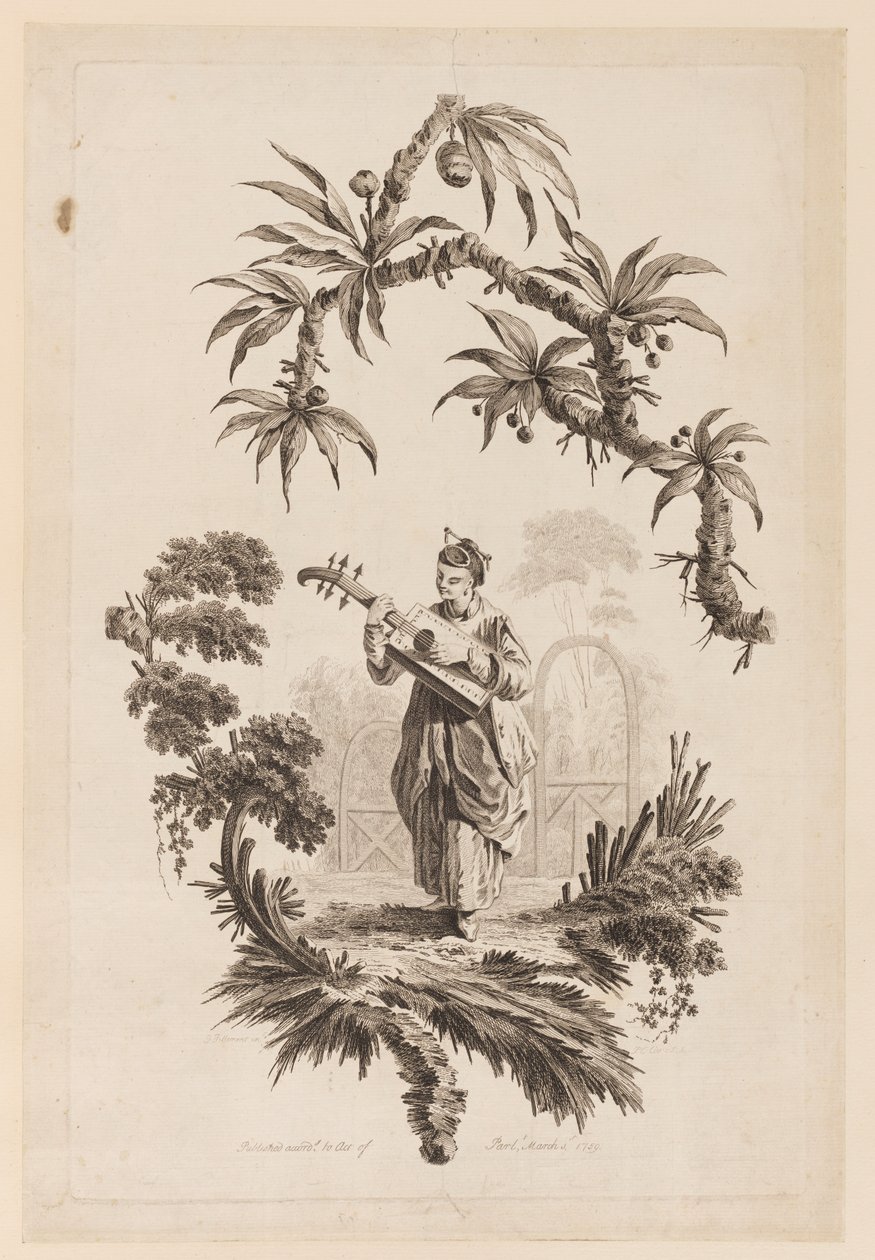 Figur spielt ein Musikinstrument unter einem Ast von Jean Baptiste Pillement