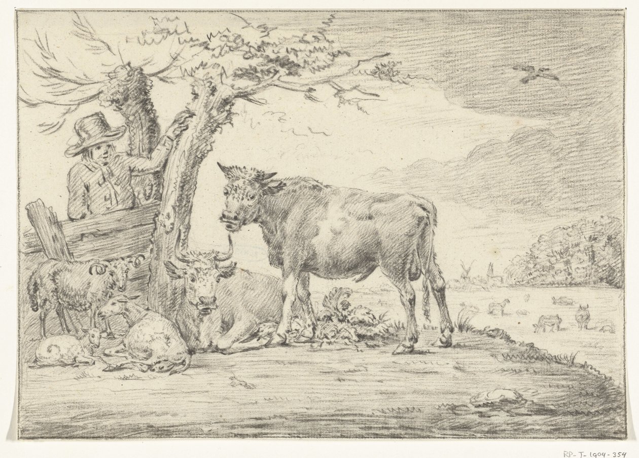 Bauer stehend bei einem Zaun mit Vieh von Jean Bernard