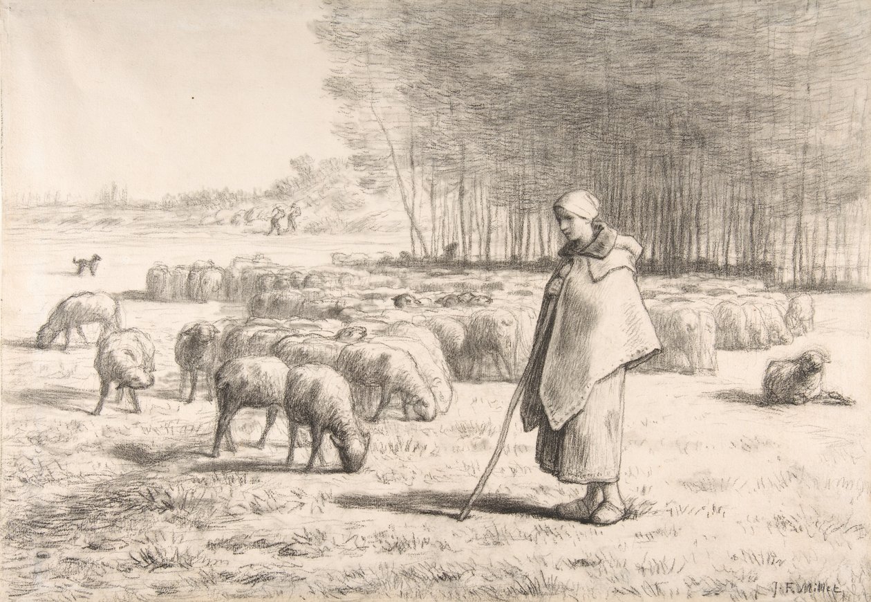 Eine Schäferin mit ihrer Herde von Jean Francois Millet