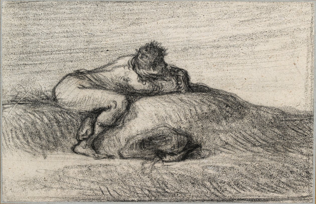 Mann, der auf einem Hügel kauert von Jean Francois Millet