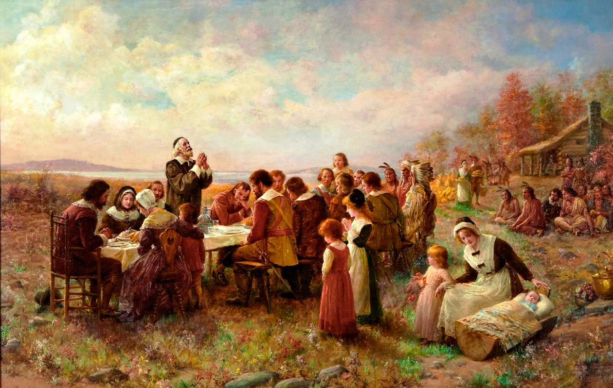 Das erste Erntedankfest in Plymouth, 1914 von Jennie Augusta Brownscombe
