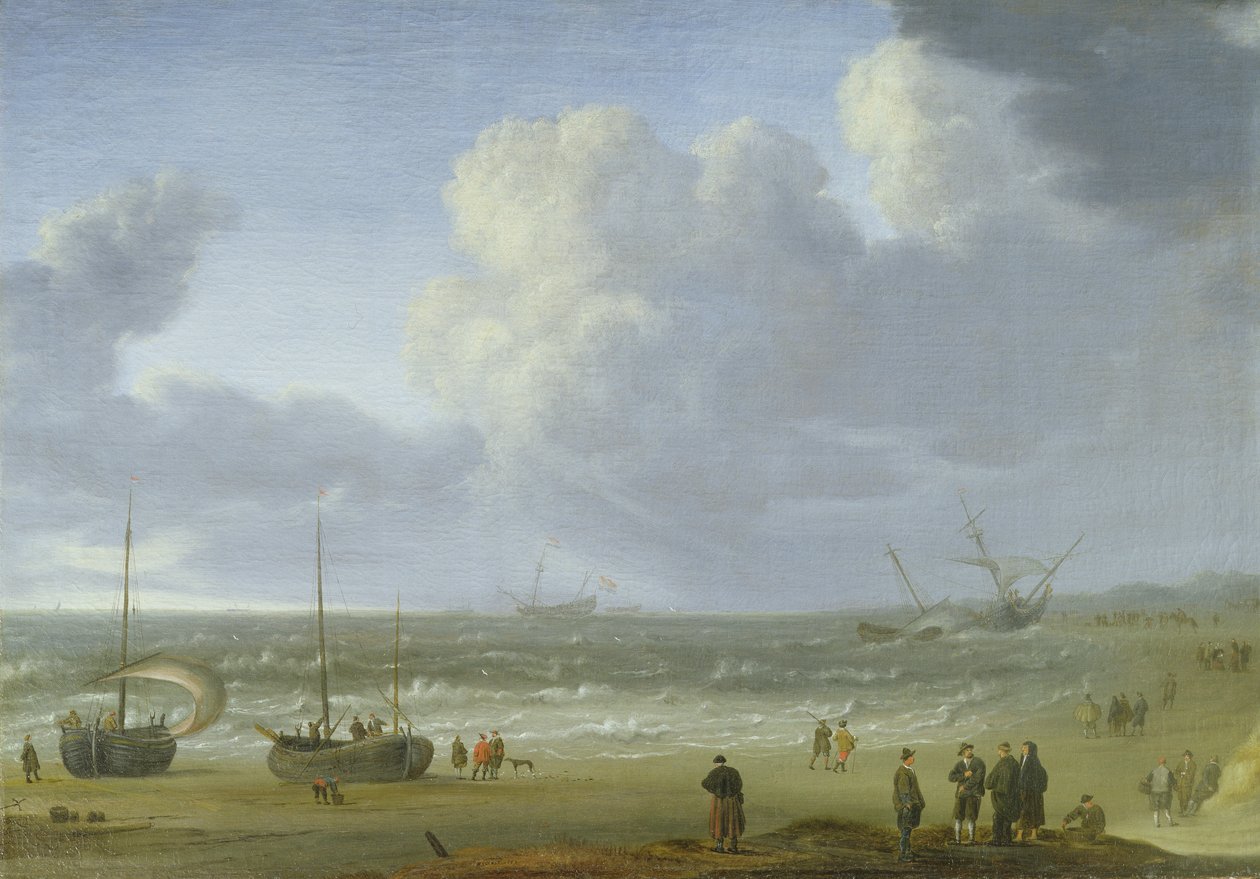 Schiffe in einer Mündung mit Fischern an einem Steg von Jeronimus van Diest