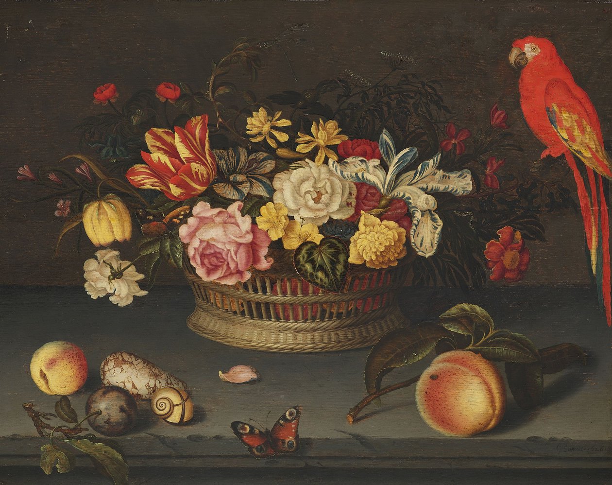 Stillleben mit Blumenkorb und Papagei von Jeronimus Sweerts