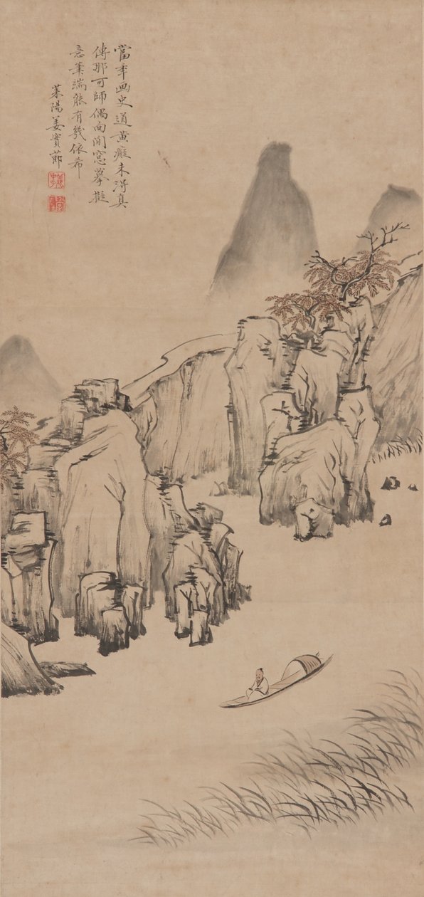 Flusslandschaft mit Mann in einem Boot, Qing-Dynastie, spätes 17. bis frühes 18. Jahrhundert von Jiang Shijie