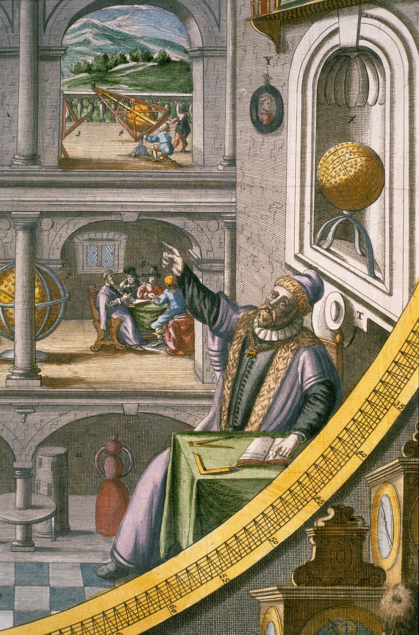 Tycho Brahe (1546-1601) im Alter von 40 Jahren, unter seinen astronomischen Instrumenten, aus dem 