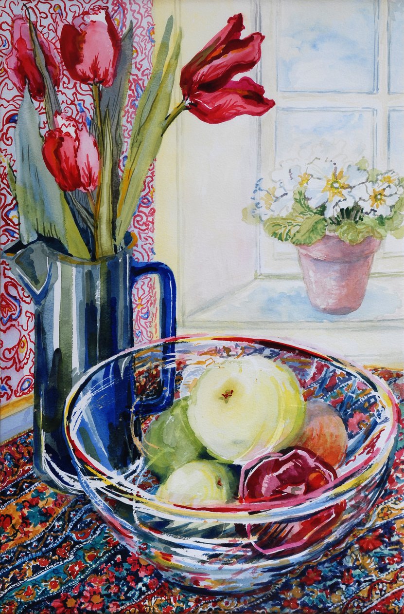 Tulpen in einem Krug mit einer Glasschale, 2003 von Joan Thewsey