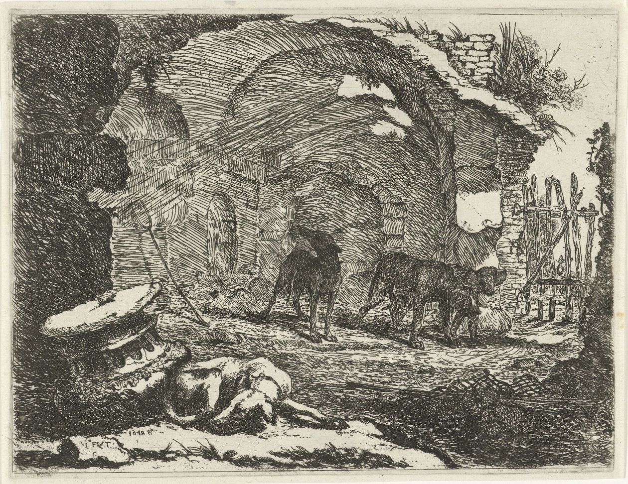 Vier Hunde bei einer Ruine von Joannes Fijt