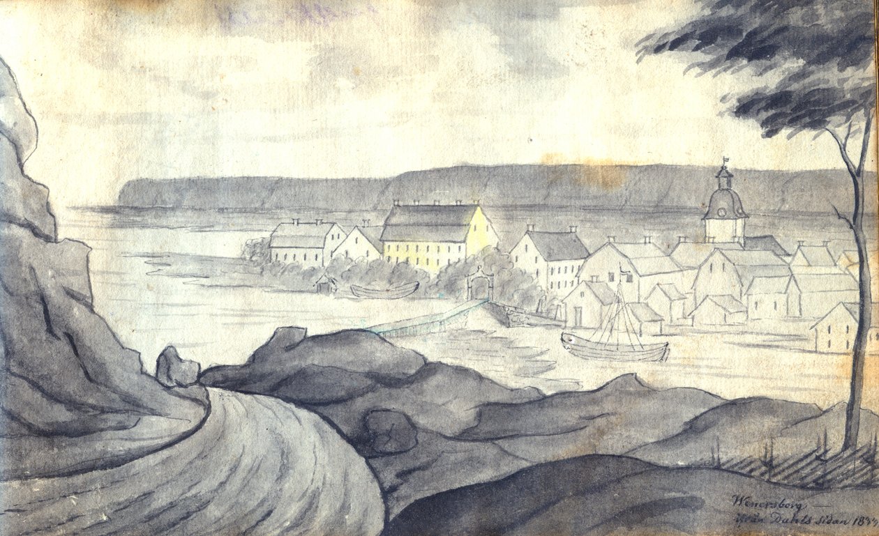 Lavierte Tuschezeichnung von der Aussicht auf Vänersborg von der Dalsland-Seite des Vänern von Johan Gustaf Thun