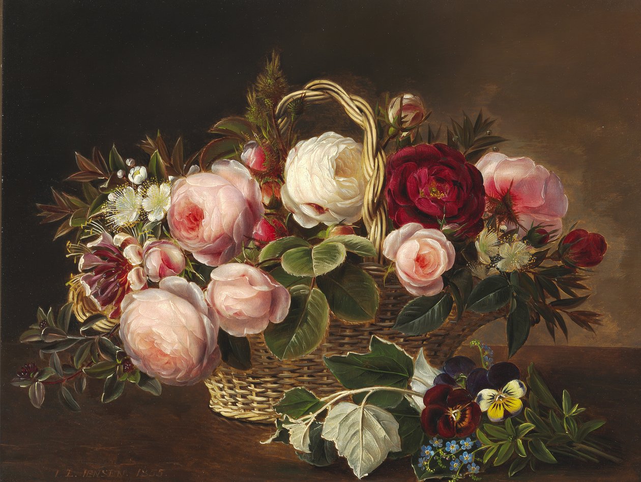 Rosen und Sommerblumen in einem Korb auf einer Fensterbank von Johan Laurentz Jensen