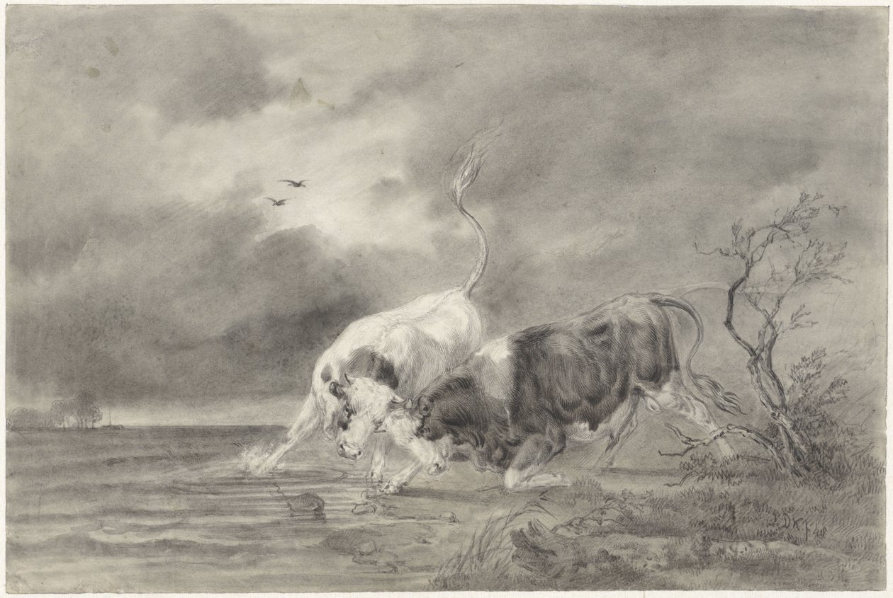 Zwei kämpfende Stiere in einer Flusslandschaft von Johan Daniël Koelman