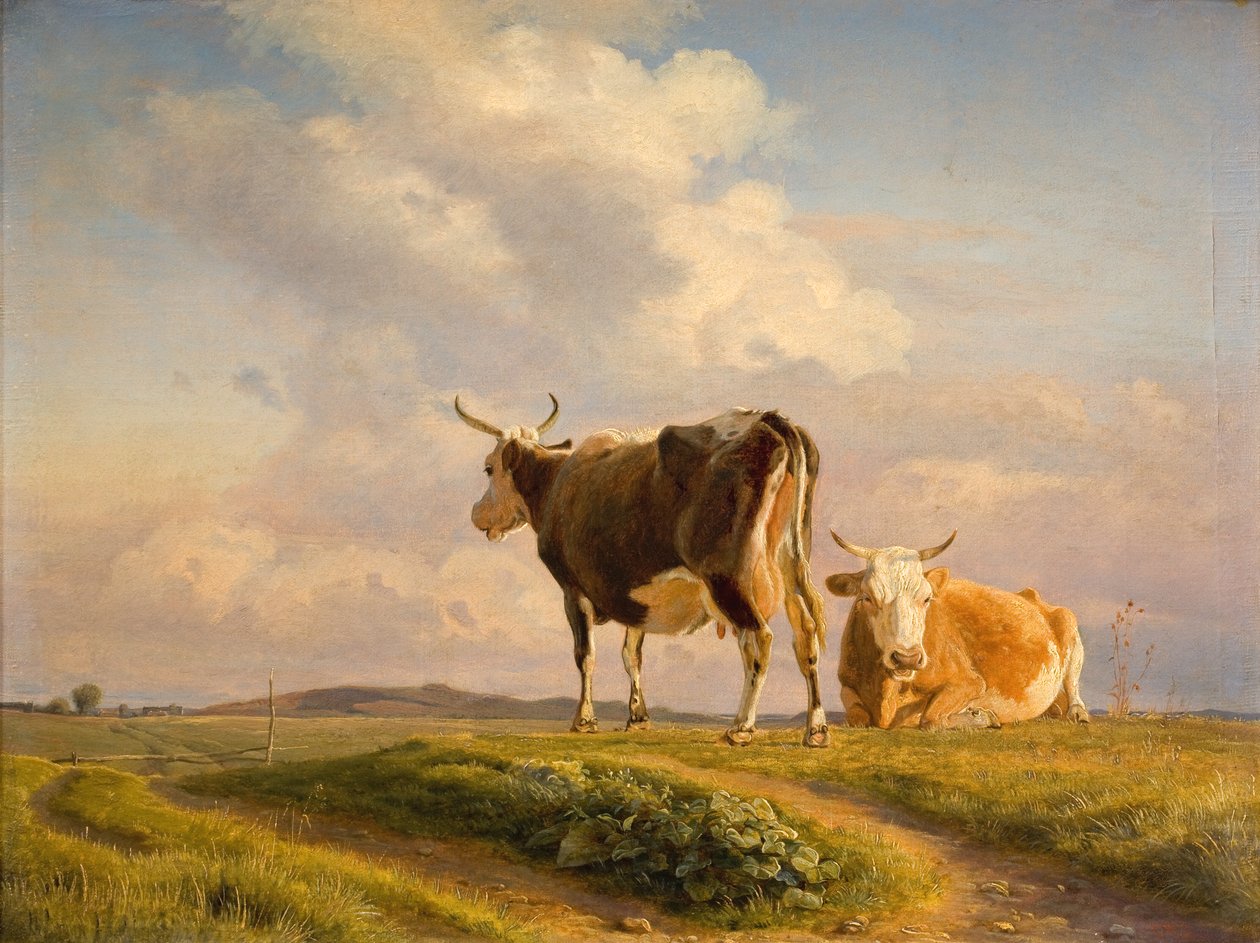 Zwei Kühe auf einem offenen Feld von Johan Thomas Lundbye