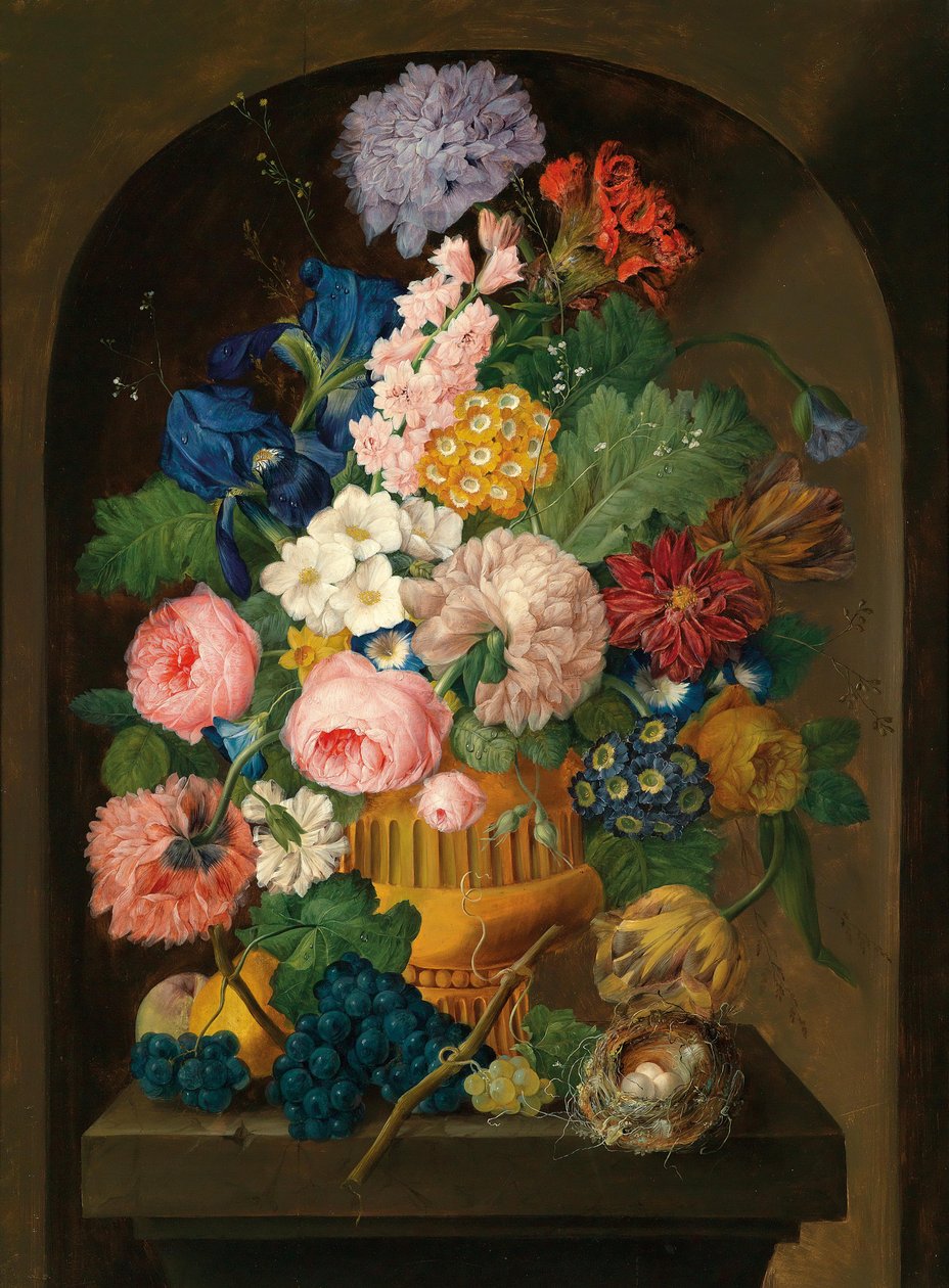 Blumenstillleben mit einem Vogelnest von Johann Baptist Drechsler
