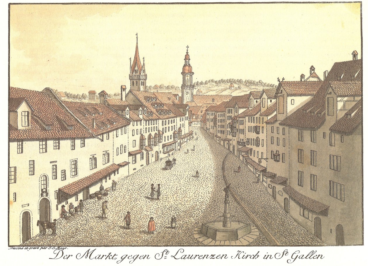 Der Markt gegen St. Laurenzen Kirch in St. Gallen von Johann Conrad Mayr