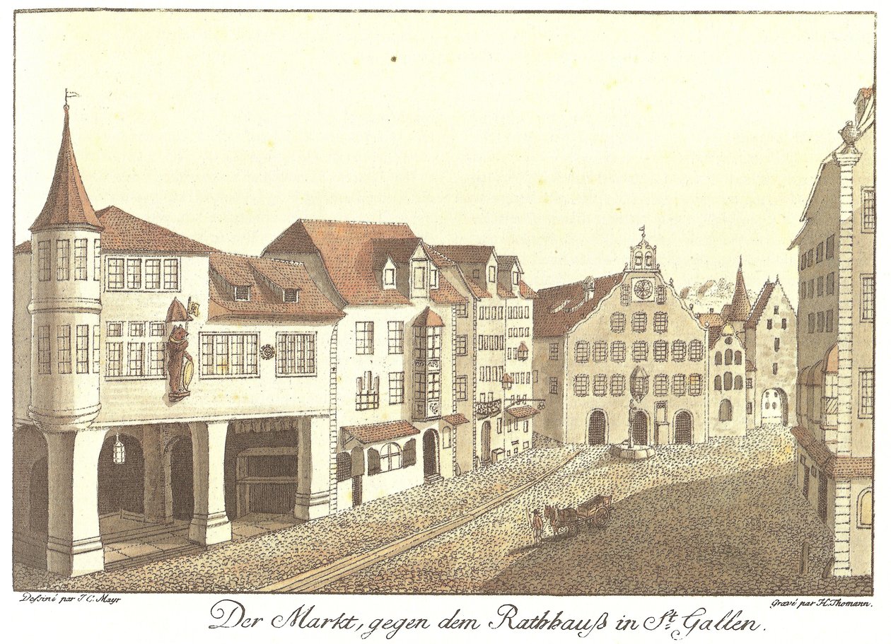 Der Markt gegen das Rathaus in St. Gallen von Johann Conrad Mayr