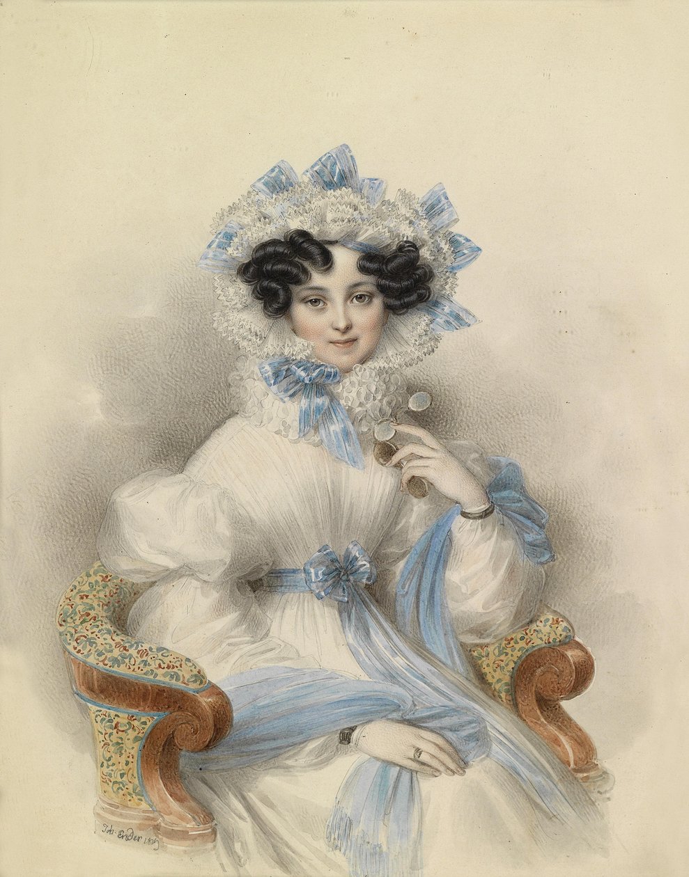 Bildnis der Erzherzogin Henriette von Österreich in weißem Kleid mit blauen Schleifen, in einem Lehnstuhl sitzend von Johann Ender